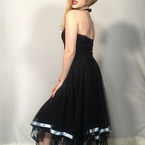 Scene Weaver Black Strapless Tulle Midi Dress with Silver Hem